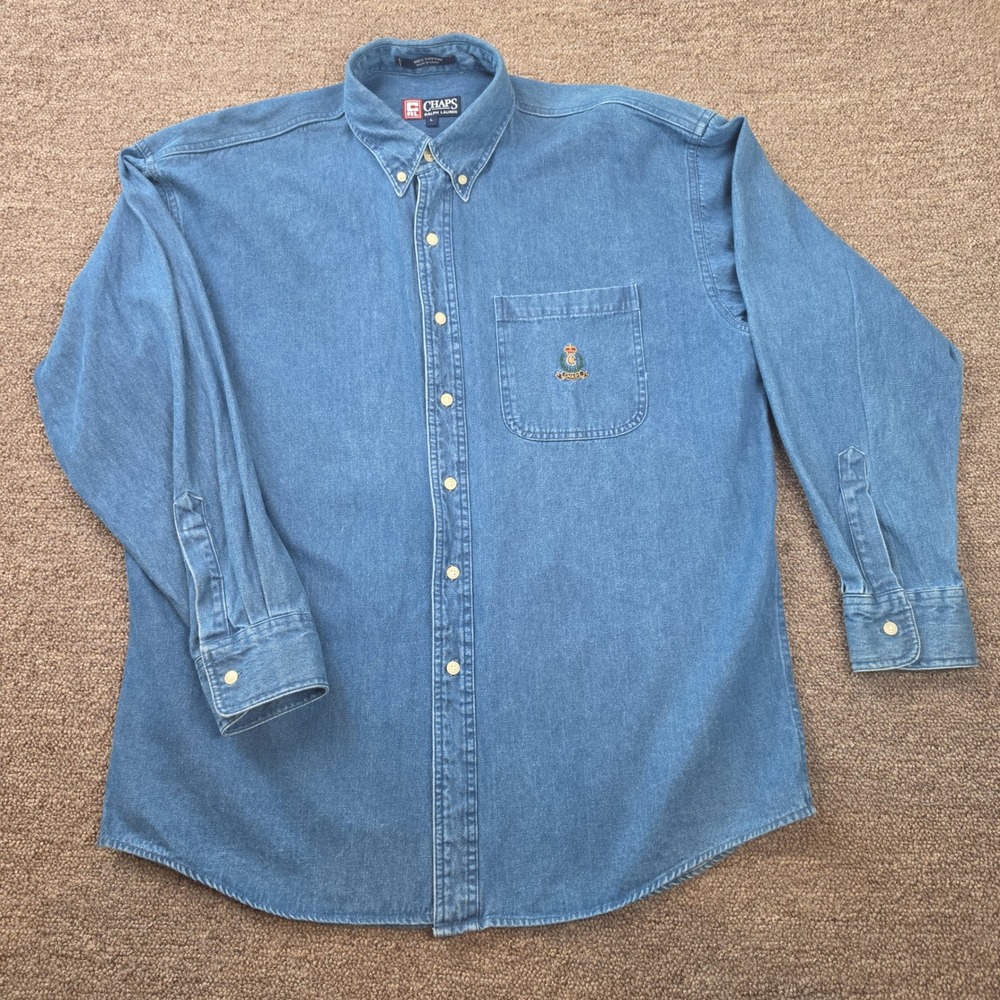 VTG Chaps Ralph Lauren Denim Shirt Mens L Blue Excellent Medium Wash Crest Logo